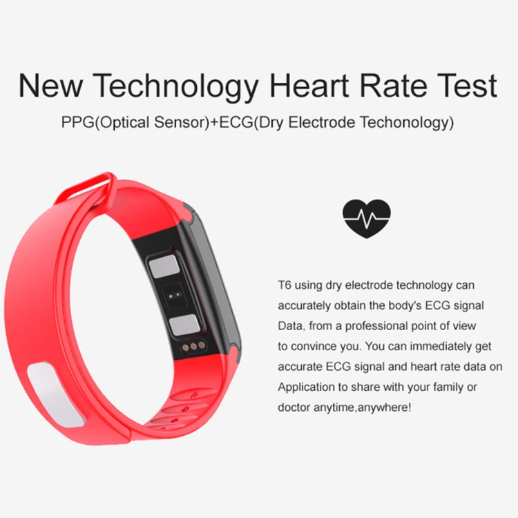 TLW T6 Fitness Tracker 0.96 นิ้ว OLED Display สายรัดข้อมือสร้อยข้อมืออัจฉริยะ, รองรับโหมดกีฬา / ECG / เครื่องวัดอัตราการเต้นของหัวใจ / ความดันโลหิต / เครื่องวัดการนอนหลับ, T6 Black, T6 Blue, T6 Red