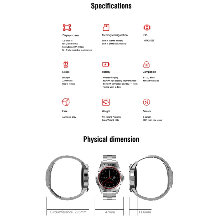 N6 Smart Watch 1.3 นิ้วหน้าจอ TFT MTK2502C Bluetooth4.0, สายนาฬิกาสแตนเลส, รองรับเครื่องวัดอัตราการเต้นของหัวใจ & Pedometer & Sleep Monitor & เตือนอยู่ประจำ, Stainless Steel Watch Strap/Black, Stainless Steel Watch Strap/Silver