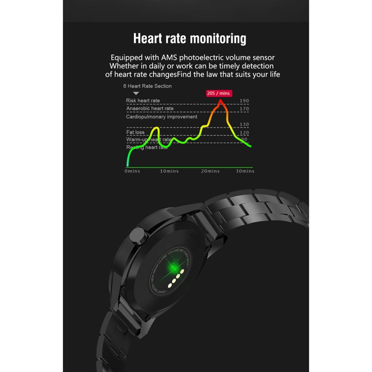 N6 Smart Watch 1.3 นิ้วหน้าจอ TFT MTK2502C Bluetooth4.0, สายนาฬิกาสแตนเลส, รองรับเครื่องวัดอัตราการเต้นของหัวใจ & Pedometer & Sleep Monitor & เตือนอยู่ประจำ, Stainless Steel Watch Strap/Black, Stainless Steel Watch Strap/Silver