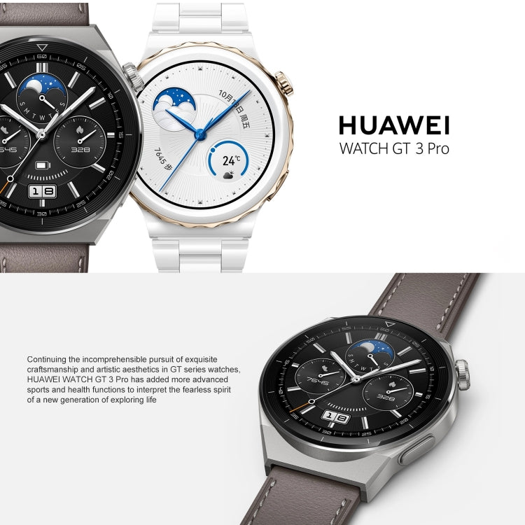 HUAWEI WATCH GT 3 Pro Titanium Smart Watch สายรัดข้อมือหนังแท้ 46 มม. หน้าจอ AMOLED ขนาด 1.43 นิ้ว รองรับ ECG / GPS / อายุการใช้งานแบตเตอรี่ 14 วัน, 46mm Rubber Wristband, 46mm Genuine Leather Wristband