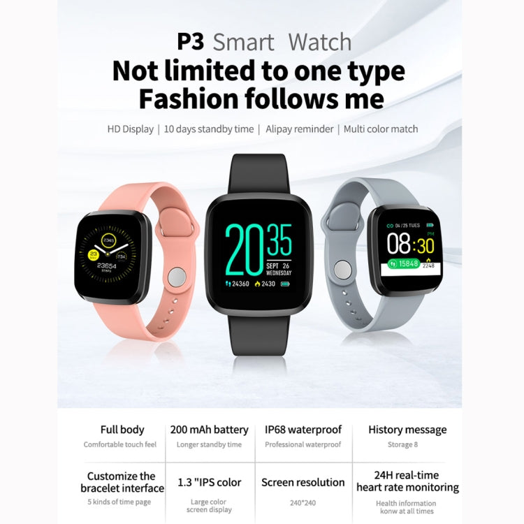 P3 1.3 นิ้วหน้าจอสี IPS IP68 สายรัดข้อมือนาฬิกาอัจฉริยะกันน้ำ, รองรับการแจ้งเตือนข้อความ / เครื่องวัดอัตราการเต้นของหัวใจ / การตรวจสอบออกซิเจนในเลือด / การตรวจสอบความดันโลหิต / การตรวจสอบการนอนหลับ