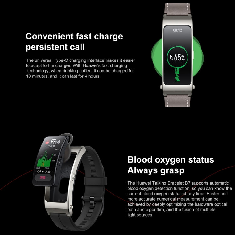 สร้อยข้อมือสมาร์ท Huawei TalkBand B7 ดั้งเดิม, หน้าจอ 1.53 นิ้ว, รองรับการโทรผ่าน Bluetooth / อัตราการเต้นของหัวใจ / ออกซิเจนในเลือด / การตรวจสอบการนอนหลับ