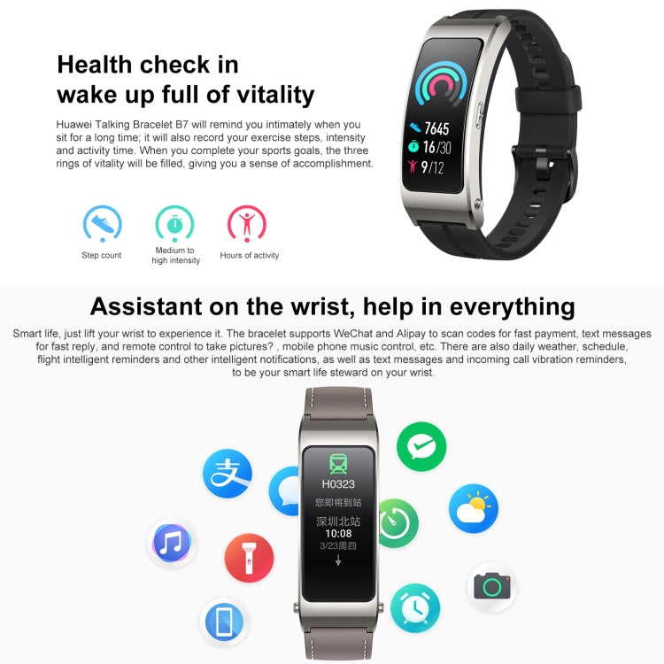 สร้อยข้อมือสมาร์ท Huawei TalkBand B7 ดั้งเดิม, หน้าจอ 1.53 นิ้ว, รองรับการโทรผ่าน Bluetooth / อัตราการเต้นของหัวใจ / ออกซิเจนในเลือด / การตรวจสอบการนอนหลับ