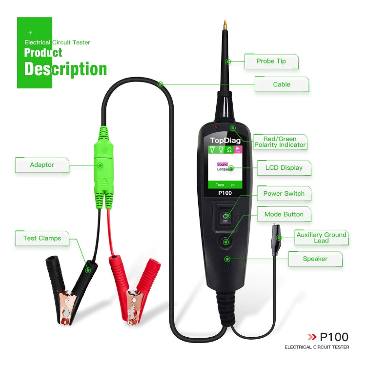 TopDiag P100 Car Circuit Intelligent Analyzer เครื่องมือวินิจฉัย, ความยาวสายเคเบิล: 2 ม, TopDiag P100 2m