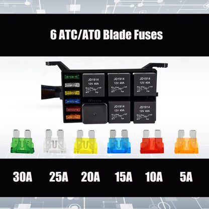 12V 5 Pin รถ 6 ช่องกล่องฟิวส์รีเลย์กันน้ำพร้อมสายเคเบิล, 12V