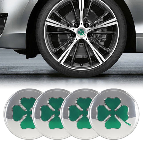 4 in 1 สติ๊กเกอร์ติดดุมล้อลายใบโคลเวอร์ 4 ใบ สีเงิน เส้นผ่านศูนย์กลาง 5.8cm, Four Leaf Clover Pattern Silver