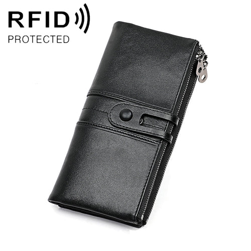 3520 Long Cowhide Leather Folding Anti-magnetic RFID Wallet for Ladies พร้อมช่องใส่การ์ด, 3520 Black, 3520 Coffee, 3520 Blue, 3520 Red, 3520 Yellowish-brown