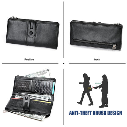3520 Long Cowhide Leather Folding Anti-magnetic RFID Wallet for Ladies พร้อมช่องใส่การ์ด, 3520 Black, 3520 Coffee, 3520 Blue, 3520 Red, 3520 Yellowish-brown