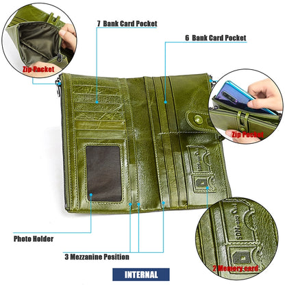 3520 Long Cowhide Leather Folding Anti-magnetic RFID Wallet for Ladies พร้อมช่องใส่การ์ด, 3520 Black, 3520 Coffee, 3520 Blue, 3520 Red, 3520 Yellowish-brown