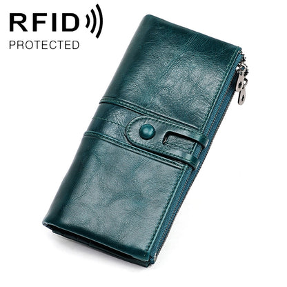 3520 Long Cowhide Leather Folding Anti-magnetic RFID Wallet for Ladies พร้อมช่องใส่การ์ด, 3520 Black, 3520 Coffee, 3520 Blue, 3520 Red, 3520 Yellowish-brown
