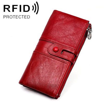 3520 Long Cowhide Leather Folding Anti-magnetic RFID Wallet for Ladies พร้อมช่องใส่การ์ด, 3520 Black, 3520 Coffee, 3520 Blue, 3520 Red, 3520 Yellowish-brown
