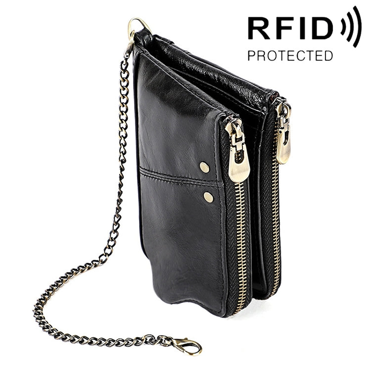 LT3533 Long Crazy Horse Texture Cowhide หนังพับป้องกันแม่เหล็ก RFID กระเป๋าสตางค์กระเป๋าคลัทช์สำหรับผู้ชายพร้อมช่องเสียบการ์ดและสายสะพาย, LT3533 Black, LT3533 Coffee, LT3533 Blue, LT3533 Red, LT3533 Yellowish-brown