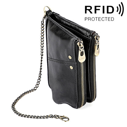 LT3533 Long Crazy Horse Texture Cowhide หนังพับป้องกันแม่เหล็ก RFID กระเป๋าสตางค์กระเป๋าคลัทช์สำหรับผู้ชายพร้อมช่องเสียบการ์ดและสายสะพาย, LT3533 Black, LT3533 Coffee, LT3533 Blue, LT3533 Red, LT3533 Yellowish-brown