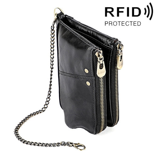 LT3533 Long Crazy Horse Texture Cowhide หนังพับป้องกันแม่เหล็ก RFID กระเป๋าสตางค์กระเป๋าคลัทช์สำหรับผู้ชายพร้อมช่องเสียบการ์ดและสายสะพาย, LT3533 Black, LT3533 Coffee, LT3533 Blue, LT3533 Red, LT3533 Yellowish-brown