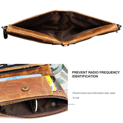 LT3533 Long Crazy Horse Texture Cowhide หนังพับป้องกันแม่เหล็ก RFID กระเป๋าสตางค์กระเป๋าคลัทช์สำหรับผู้ชายพร้อมช่องเสียบการ์ดและสายสะพาย, LT3533 Black, LT3533 Coffee, LT3533 Blue, LT3533 Red, LT3533 Yellowish-brown