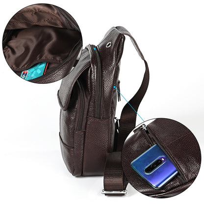 6023 Casual Litchi Texture Soft Face Full-grain Cowhide กระเป๋าสะพายข้างหนึ่งไหล่สำหรับผู้ชาย, Black, Coffee, Red, Brown