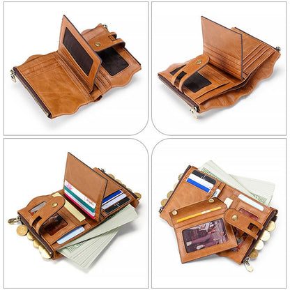 LT3539 Cowhide หนังซิปหัวเข็มขัดป้องกันแม่เหล็ก RFID กระเป๋าสตางค์กระเป๋าคลัทช์สำหรับผู้ชายพร้อมช่องเสียบการ์ดและสายสะพาย, LT3539 Shoulder Strap Blue, LT3539 Strap Red, LT3539 Yellowish-brown