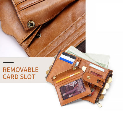 LT3539 Cowhide หนังซิปหัวเข็มขัดป้องกันแม่เหล็ก RFID กระเป๋าสตางค์กระเป๋าคลัทช์สำหรับผู้ชายพร้อมช่องเสียบการ์ดและสายสะพาย, LT3539 Shoulder Strap Blue, LT3539 Strap Red, LT3539 Yellowish-brown