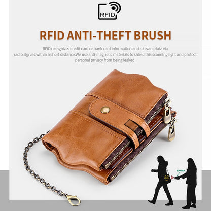 LT3539 Cowhide หนังซิปหัวเข็มขัดป้องกันแม่เหล็ก RFID กระเป๋าสตางค์กระเป๋าคลัทช์สำหรับผู้ชายพร้อมช่องเสียบการ์ดและสายสะพาย, LT3539 Shoulder Strap Blue, LT3539 Strap Red, LT3539 Yellowish-brown