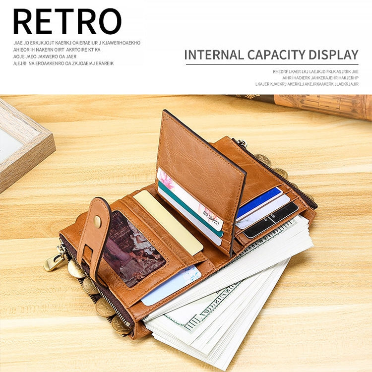 LT3539 Cowhide หนังซิปหัวเข็มขัดป้องกันแม่เหล็ก RFID กระเป๋าสตางค์กระเป๋าคลัทช์สำหรับผู้ชายพร้อมช่องเสียบการ์ดและสายสะพาย, LT3539 Shoulder Strap Blue, LT3539 Strap Red, LT3539 Yellowish-brown