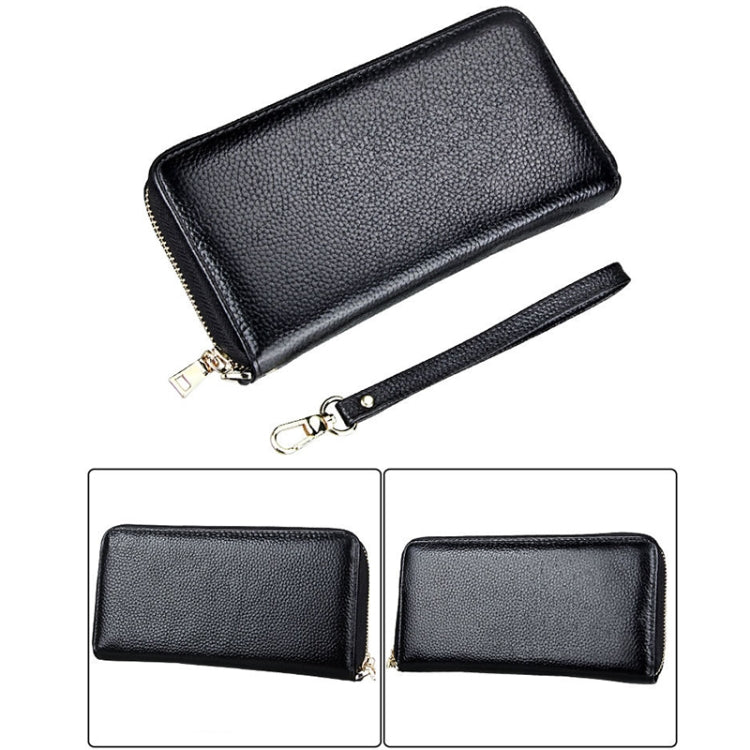 หนังวัวแท้เนื้อลิ้นจี่ซิปสไตล์ยาวผู้ถือบัตรกระเป๋าสตางค์ RFID ปิดกั้นกระเป๋าเงินเหรียญกระเป๋าป้องกันกรณีพร้อมสายคล้องมือสำหรับผู้หญิง, ขนาด: 20*10.5*3 ซม.