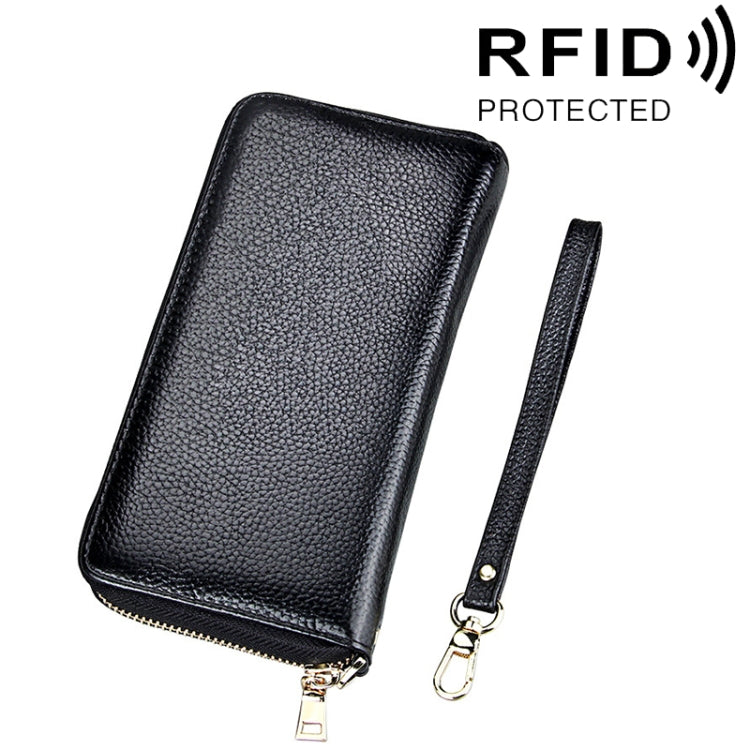 หนังวัวแท้เนื้อลิ้นจี่ซิปสไตล์ยาวผู้ถือบัตรกระเป๋าสตางค์ RFID ปิดกั้นกระเป๋าเงินเหรียญกระเป๋าป้องกันกรณีพร้อมสายคล้องมือสำหรับผู้หญิง, ขนาด: 20*10.5*3 ซม.