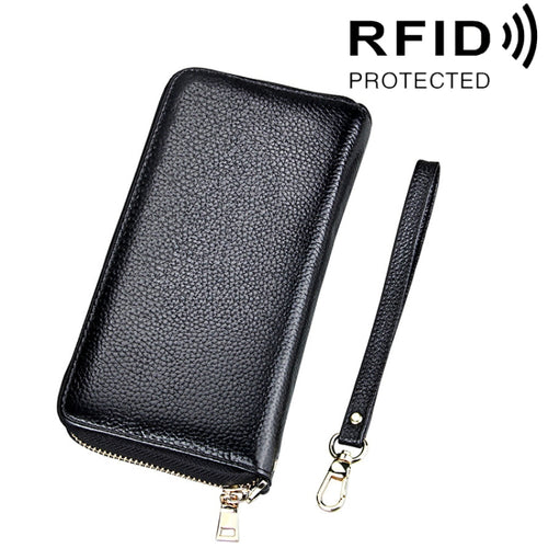 หนังวัวแท้เนื้อลิ้นจี่ซิปสไตล์ยาวผู้ถือบัตรกระเป๋าสตางค์ RFID ปิดกั้นกระเป๋าเงินเหรียญกระเป๋าป้องกันกรณีพร้อมสายคล้องมือสำหรับผู้หญิง, ขนาด: 20*10.5*3 ซม.