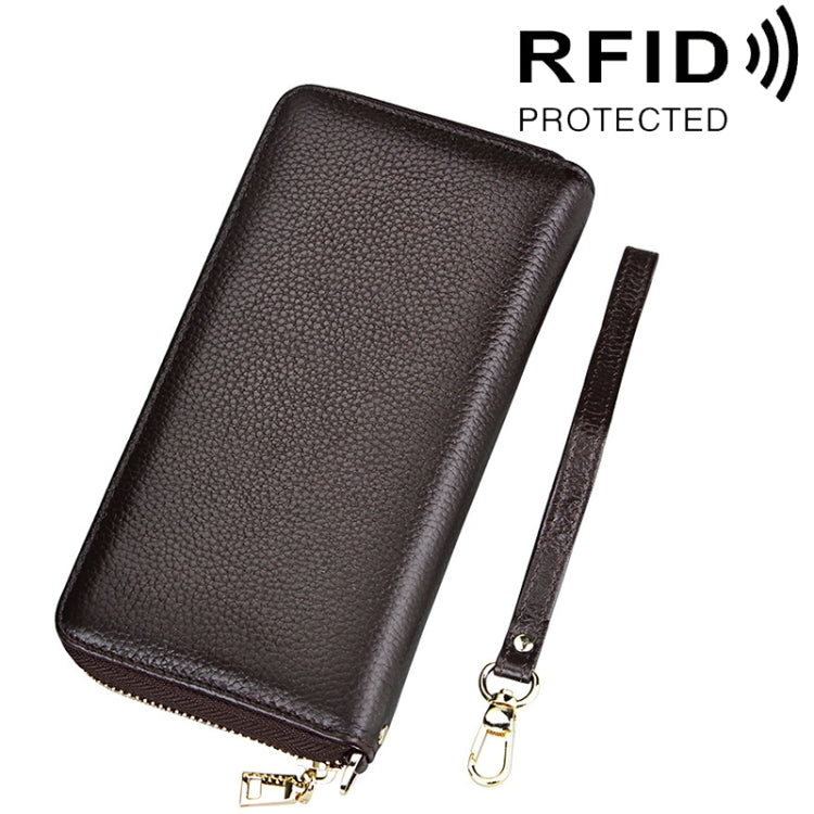 หนังวัวแท้เนื้อลิ้นจี่ซิปสไตล์ยาวผู้ถือบัตรกระเป๋าสตางค์ RFID ปิดกั้นกระเป๋าเงินเหรียญกระเป๋าป้องกันกรณีพร้อมสายคล้องมือสำหรับผู้หญิง, ขนาด: 20*10.5*3 ซม.
