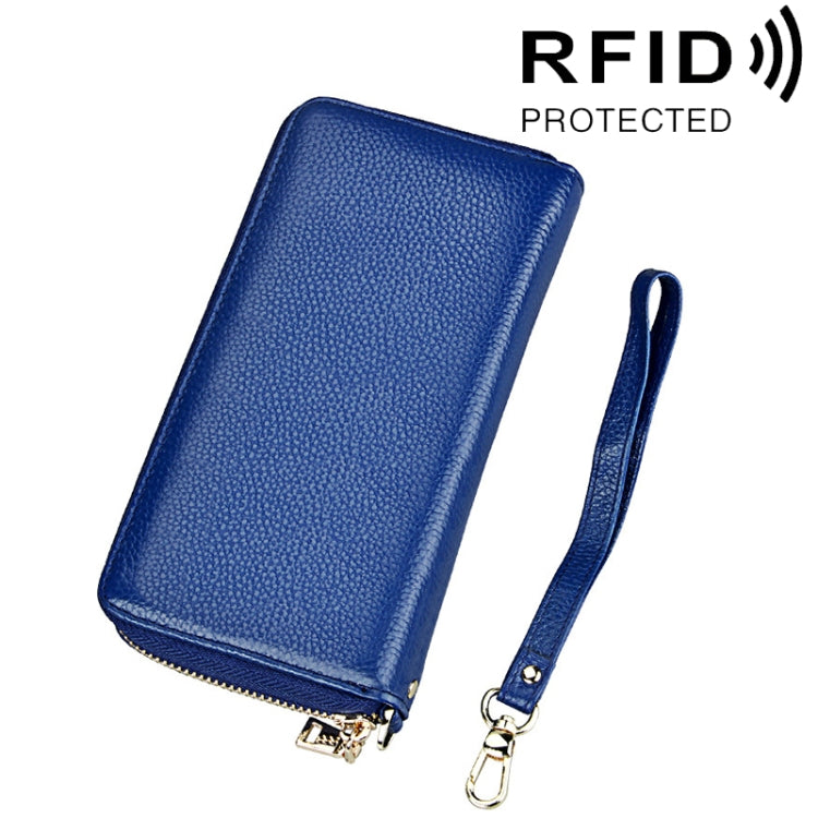 หนังวัวแท้เนื้อลิ้นจี่ซิปสไตล์ยาวผู้ถือบัตรกระเป๋าสตางค์ RFID ปิดกั้นกระเป๋าเงินเหรียญกระเป๋าป้องกันกรณีพร้อมสายคล้องมือสำหรับผู้หญิง, ขนาด: 20*10.5*3 ซม.