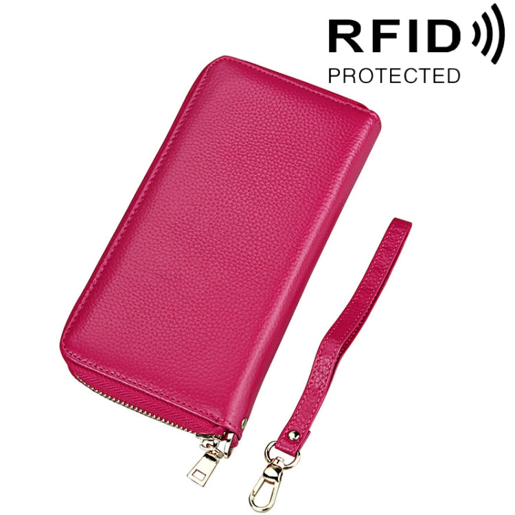 หนังวัวแท้เนื้อลิ้นจี่ซิปสไตล์ยาวผู้ถือบัตรกระเป๋าสตางค์ RFID ปิดกั้นกระเป๋าเงินเหรียญกระเป๋าป้องกันกรณีพร้อมสายคล้องมือสำหรับผู้หญิง, ขนาด: 20*10.5*3 ซม.