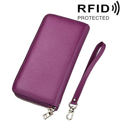 หนังวัวแท้เนื้อลิ้นจี่ซิปสไตล์ยาวผู้ถือบัตรกระเป๋าสตางค์ RFID ปิดกั้นกระเป๋าเงินเหรียญกระเป๋าป้องกันกรณีพร้อมสายคล้องมือสำหรับผู้หญิง, ขนาด: 20*10.5*3 ซม.