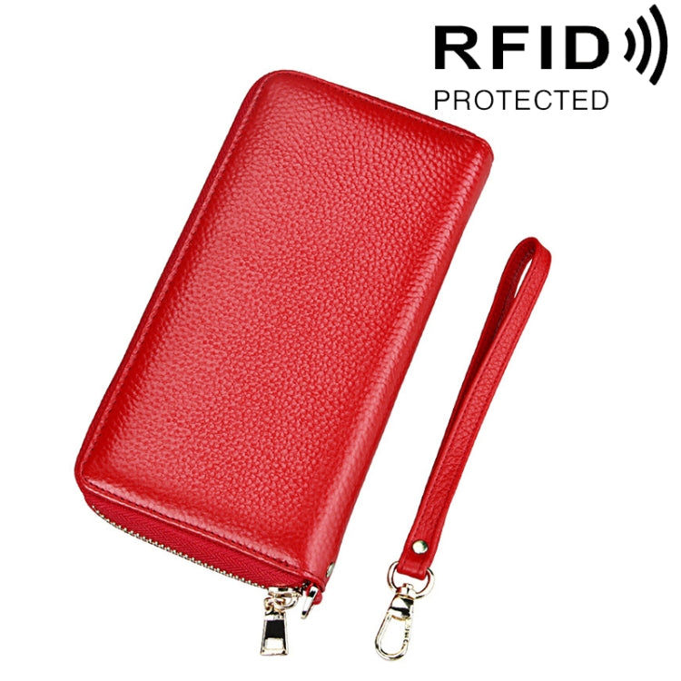 หนังวัวแท้เนื้อลิ้นจี่ซิปสไตล์ยาวผู้ถือบัตรกระเป๋าสตางค์ RFID ปิดกั้นกระเป๋าเงินเหรียญกระเป๋าป้องกันกรณีพร้อมสายคล้องมือสำหรับผู้หญิง, ขนาด: 20*10.5*3 ซม.