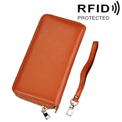 หนังวัวแท้เนื้อลิ้นจี่ซิปสไตล์ยาวผู้ถือบัตรกระเป๋าสตางค์ RFID ปิดกั้นกระเป๋าเงินเหรียญกระเป๋าป้องกันกรณีพร้อมสายคล้องมือสำหรับผู้หญิง, ขนาด: 20*10.5*3 ซม.