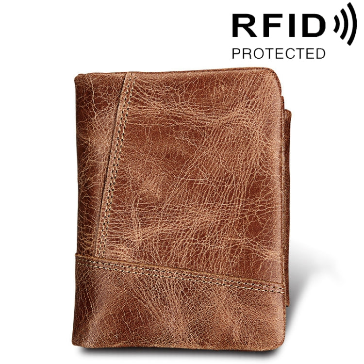 หนังวัวแท้เนื้อม้าบ้าซิป 3 พับสไตล์สั้นผู้ถือบัตรกระเป๋าสตางค์ RFID การปิดกั้นกระเป๋าเงินเหรียญบัตรกระเป๋ากรณีการป้องกันสำหรับผู้ชาย, ขนาด: 12 * 9.5 * 4 ซม. (สีเทา), 3585