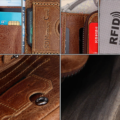 หนังวัวแท้เนื้อม้าบ้าซิป 3 พับสไตล์สั้นผู้ถือบัตรกระเป๋าสตางค์ RFID การปิดกั้นกระเป๋าเงินเหรียญบัตรกระเป๋ากรณีการป้องกันสำหรับผู้ชาย, ขนาด: 12 * 9.5 * 4 ซม. (สีเทา), 3585