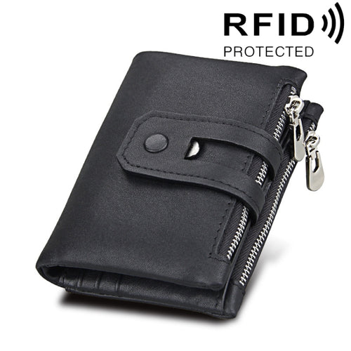 หนังวัวแท้เนื้อม้าบ้าซิป 3 พับผู้ถือบัตรกระเป๋าสตางค์ RFID การปิดกั้นกระเป๋าเงินเหรียญบัตรกระเป๋ากรณีการป้องกันสำหรับผู้ชายขนาด: 12*9.5*3.5 เซนติเมตร