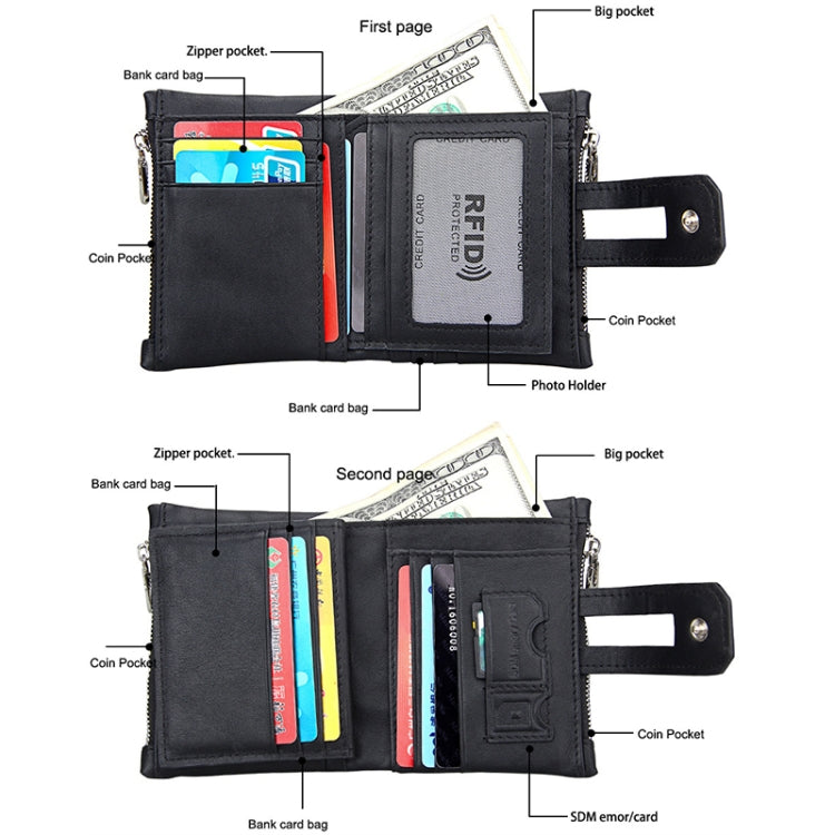 หนังวัวแท้เนื้อม้าบ้าซิป 3 พับผู้ถือบัตรกระเป๋าสตางค์ RFID การปิดกั้นกระเป๋าเงินเหรียญบัตรกระเป๋ากรณีการป้องกันสำหรับผู้ชายขนาด: 12*9.5*3.5 เซนติเมตร