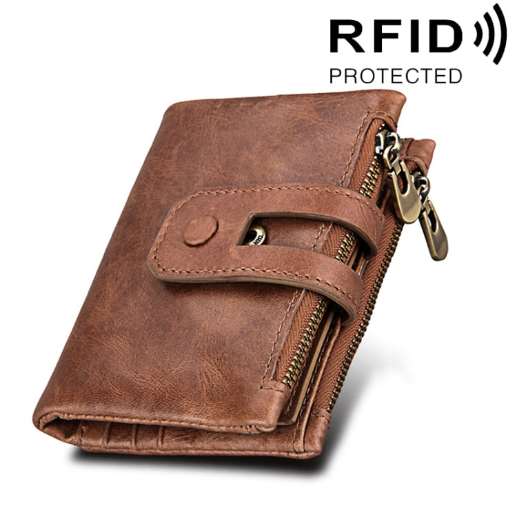 หนังวัวแท้เนื้อม้าบ้าซิป 3 พับผู้ถือบัตรกระเป๋าสตางค์ RFID การปิดกั้นกระเป๋าเงินเหรียญบัตรกระเป๋ากรณีการป้องกันสำหรับผู้ชายขนาด: 12*9.5*3.5 เซนติเมตร