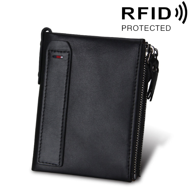 หนังวัวแท้เนื้อม้าบ้าซิปคู่สไตล์สั้นกระเป๋าสตางค์ใส่บัตร RFID ปิดกั้นกระเป๋าใส่การ์ดสำหรับผู้ชายขนาด: 12.1*9.4*2.7 ซม.