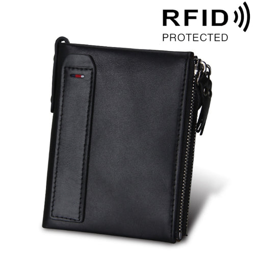 หนังวัวแท้เนื้อม้าบ้าซิปคู่สไตล์สั้นกระเป๋าสตางค์ใส่บัตร RFID ปิดกั้นกระเป๋าใส่การ์ดสำหรับผู้ชายขนาด: 12.1*9.4*2.7 ซม.