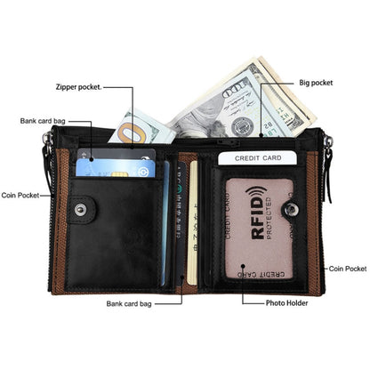 หนังวัวแท้เนื้อม้าบ้าซิปคู่สไตล์สั้นกระเป๋าสตางค์ใส่บัตร RFID ปิดกั้นกระเป๋าใส่การ์ดสำหรับผู้ชายขนาด: 12.1*9.4*2.7 ซม.
