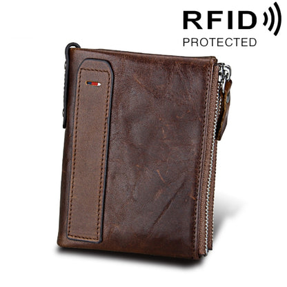 หนังวัวแท้เนื้อม้าบ้าซิปคู่สไตล์สั้นกระเป๋าสตางค์ใส่บัตร RFID ปิดกั้นกระเป๋าใส่การ์ดสำหรับผู้ชายขนาด: 12.1*9.4*2.7 ซม.