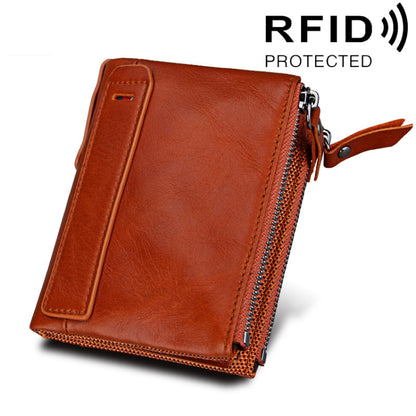 หนังวัวแท้เนื้อม้าบ้าซิปคู่สไตล์สั้นกระเป๋าสตางค์ใส่บัตร RFID ปิดกั้นกระเป๋าใส่การ์ดสำหรับผู้ชายขนาด: 12.1*9.4*2.7 ซม.