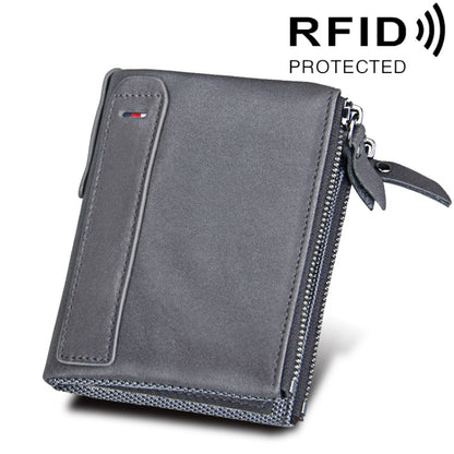 หนังวัวแท้เนื้อม้าบ้าซิปคู่สไตล์สั้นกระเป๋าสตางค์ใส่บัตร RFID ปิดกั้นกระเป๋าใส่การ์ดสำหรับผู้ชายขนาด: 12.1*9.4*2.7 ซม.