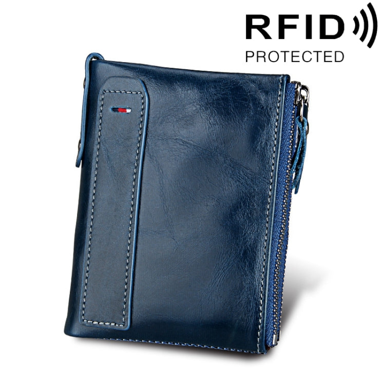 หนังวัวแท้เนื้อม้าบ้าซิปคู่สไตล์สั้นกระเป๋าสตางค์ใส่บัตร RFID ปิดกั้นกระเป๋าใส่การ์ดสำหรับผู้ชายขนาด: 12.1*9.4*2.7 ซม.