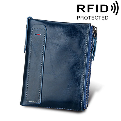หนังวัวแท้เนื้อม้าบ้าซิปคู่สไตล์สั้นกระเป๋าสตางค์ใส่บัตร RFID ปิดกั้นกระเป๋าใส่การ์ดสำหรับผู้ชายขนาด: 12.1*9.4*2.7 ซม.