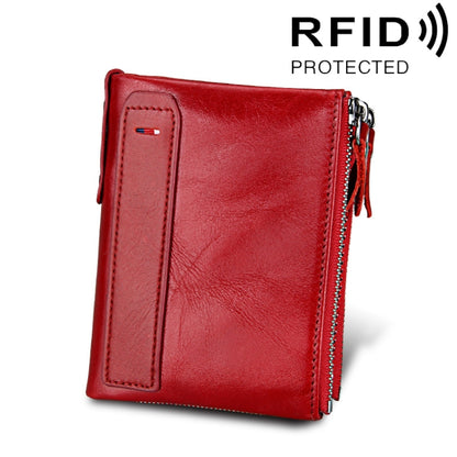 หนังวัวแท้เนื้อม้าบ้าซิปคู่สไตล์สั้นกระเป๋าสตางค์ใส่บัตร RFID ปิดกั้นกระเป๋าใส่การ์ดสำหรับผู้ชายขนาด: 12.1*9.4*2.7 ซม.