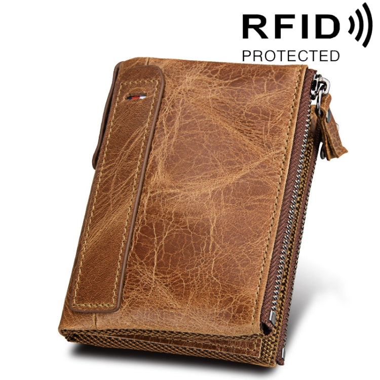 หนังวัวแท้เนื้อม้าบ้าซิปคู่สไตล์สั้นกระเป๋าสตางค์ใส่บัตร RFID ปิดกั้นกระเป๋าใส่การ์ดสำหรับผู้ชายขนาด: 12.1*9.4*2.7 ซม.