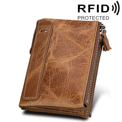 หนังวัวแท้เนื้อม้าบ้าซิปคู่สไตล์สั้นกระเป๋าสตางค์ใส่บัตร RFID ปิดกั้นกระเป๋าใส่การ์ดสำหรับผู้ชายขนาด: 12.1*9.4*2.7 ซม.