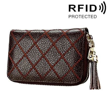 หนังวัวแท้เนื้อตารางซิปผู้ถือบัตรกระเป๋าสตางค์ RFID บล็อกบัตรกระเป๋าป้องกันกรณีกระเป๋าเงินเหรียญที่มีพู่จี้และ 15 ช่องเสียบการ์ดสำหรับผู้หญิงขนาด: 11.1*7.9*3.5 ซม.